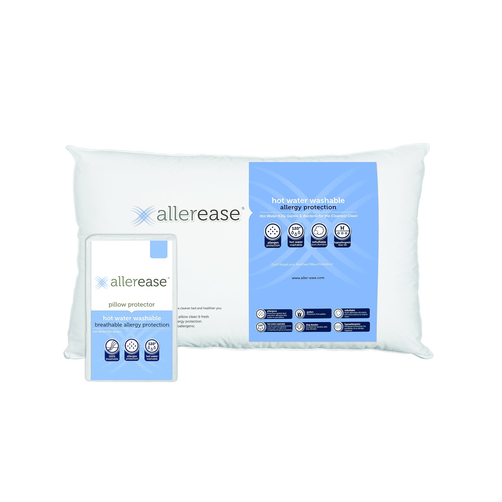 AllerEase Hot Water Wash Pillow, White