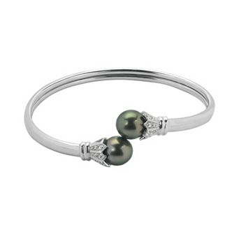 PearLustre by Imperial Tahitian Cultured Pearl & White Topaz Sterling Silver Bangle Bracelet