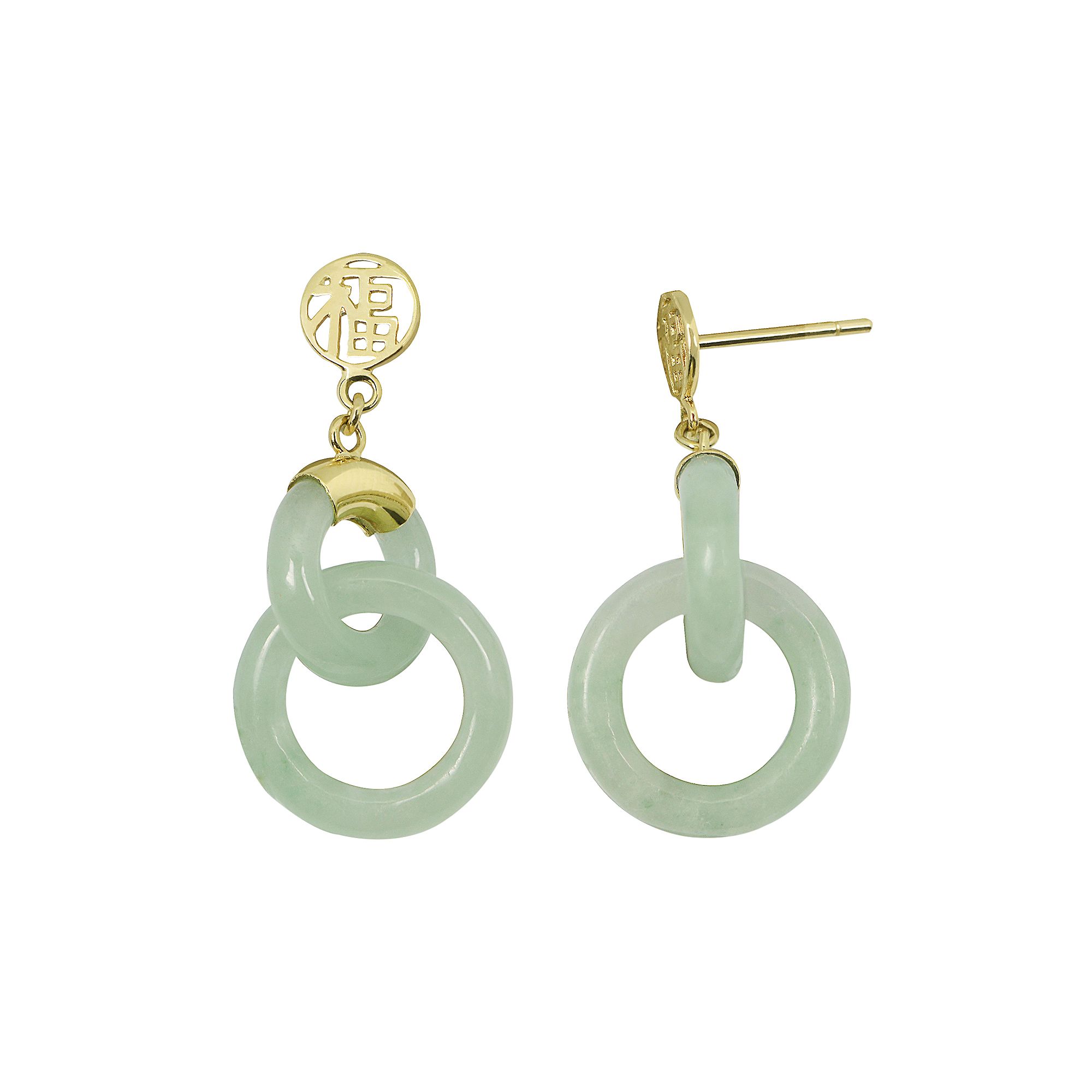 Jade 10k Gold Happiness Chinese Symbol Drop Earrings, Womens, Green
