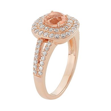 Peach Quartz Doublet & Cubic Zirconia 18k Rose Gold Over Silver Halo Ring