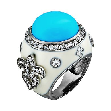 Sophie Miller Simulated Turquoise & Cubic Zirconia Black Rhodium-Plated Sterling Silver Fleur de Lis Ring