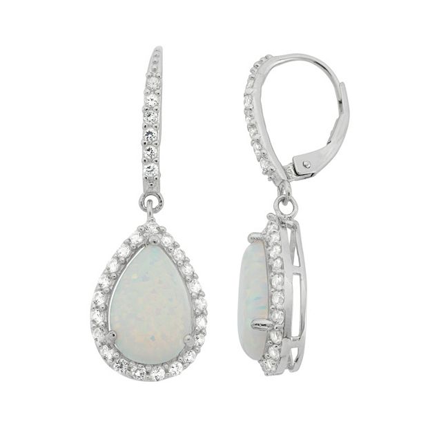 Lab-Created Opal & Lab-Created White Sapphire Sterling Silver Teardrop Halo Earrings