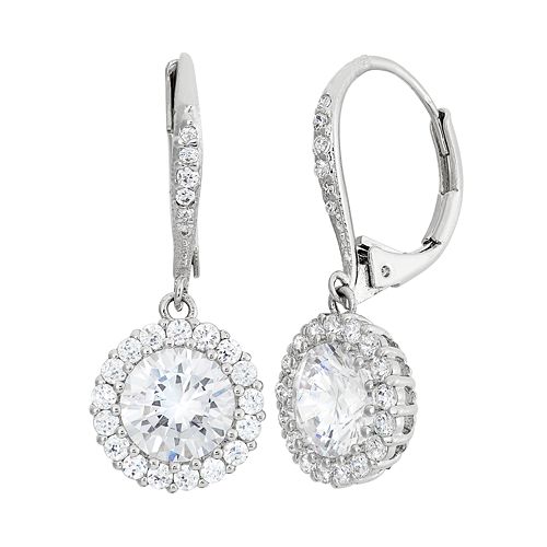 Cubic Zirconia Sterling Silver Halo Drop Earrings