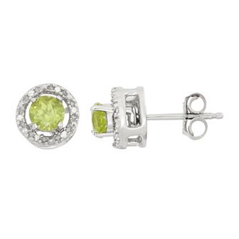 Jewelexcess Peridot & Diamond Accent Sterling Silver Halo Button Stud Earrings