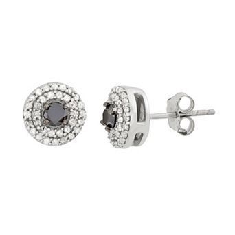 Jewelexcess 1/2 Carat T.W. Black & White Diamond Sterling Silver Double Halo Button Stud Earrings