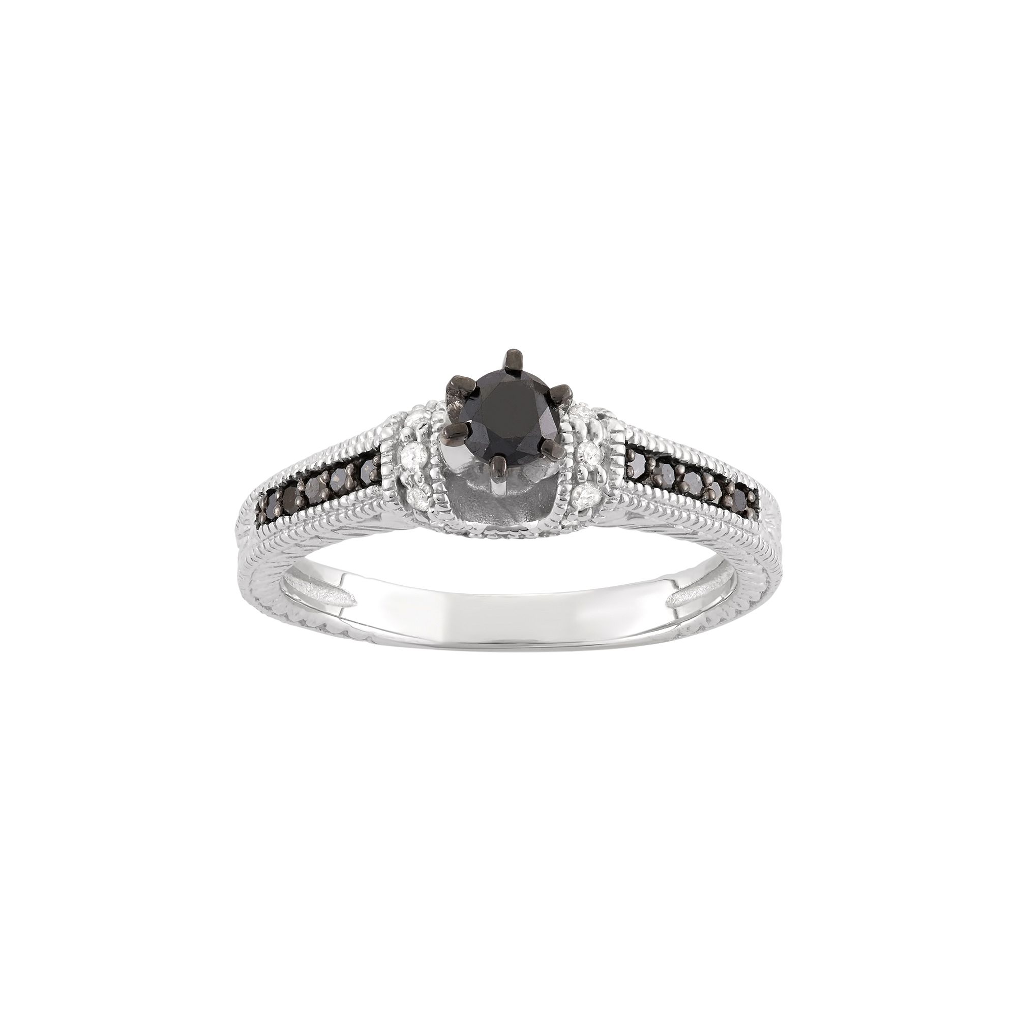 Jewelexcess 1/2 Carat T.W. Black & White Diamond Sterling Silver Miligrain 