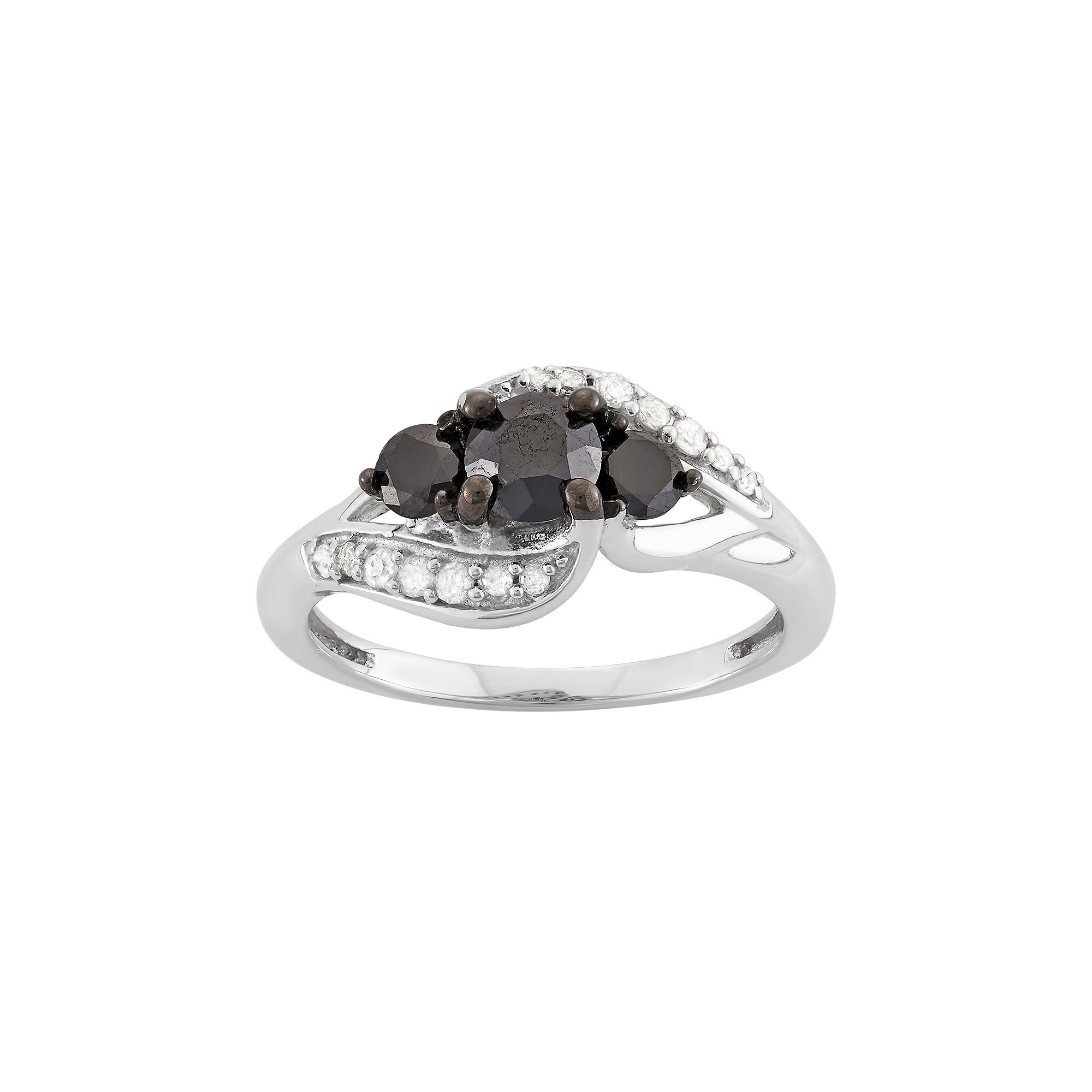 Jewelexcess 1 Carat T.W. Black & White Diamond Sterling Silver 3-Stone Ring