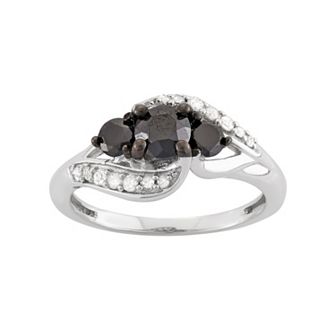 Jewelexcess 1 Carat T.W. Black & White Diamond Sterling Silver 3-Stone Ring