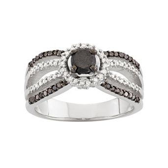 Jewelexcess 1 Carat T.W. Black & White Diamond Sterling Silver Multirow Halo Ring