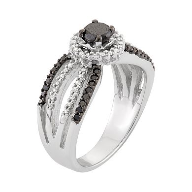 Jewelexcess 1 Carat T.W. Black & White Diamond Sterling Silver Multirow Halo Ring