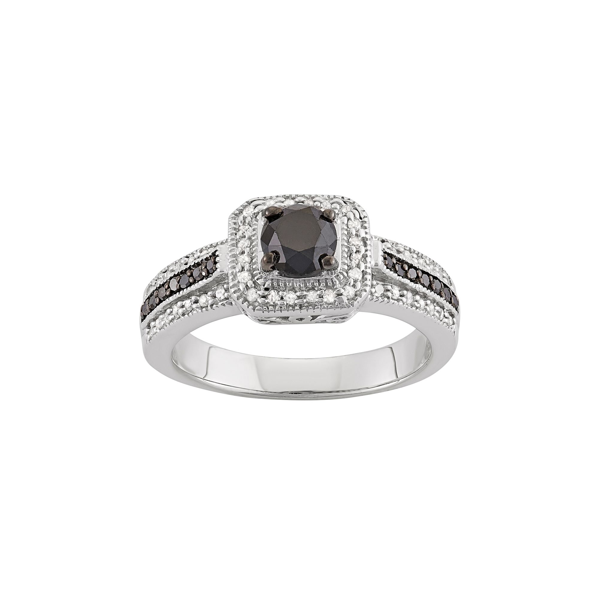 Jewelexcess 1 Carat T.W. Black & White Diamond Sterling Silver Square Halo 