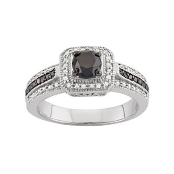 Jewelexcess 1 Carat T.W. Black & White Diamond Sterling Silver Square Halo Ring