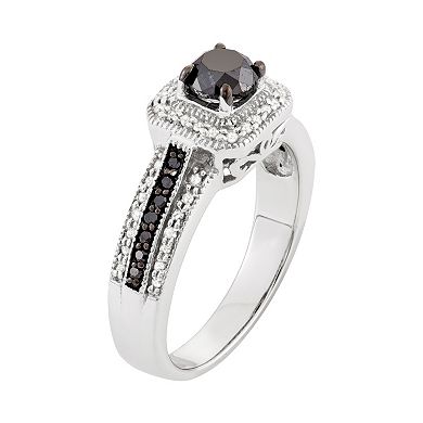 Jewelexcess 1 Carat T.W. Black & White Diamond Sterling Silver Square Halo Ring