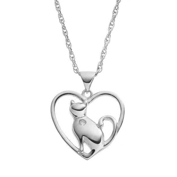 HSUS Cubic Zirconia Sterling Silver Cat & Heart Pendant Necklace