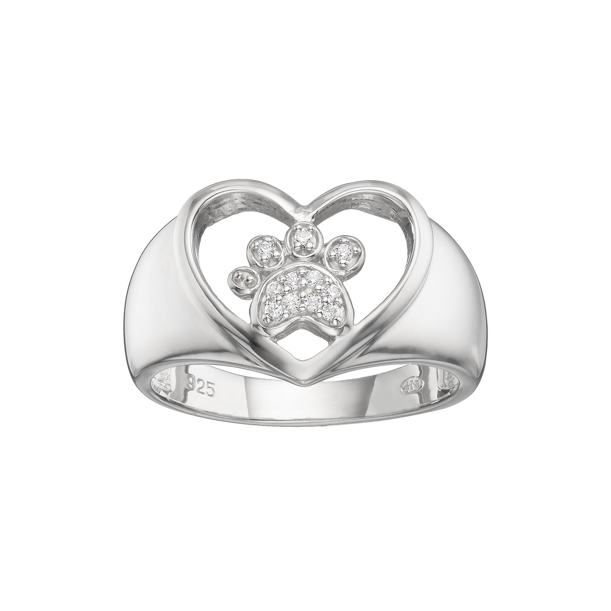 HSUS Cubic Zirconia Sterling Silver Paw Print & Heart Ring, Womens, Size: 