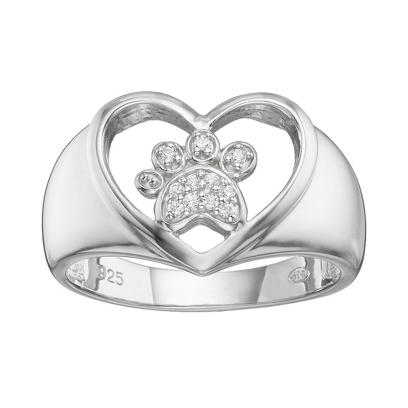 HSUS Cubic Zirconia Sterling Silver Paw Print & Heart Ring, Womens, Size: 