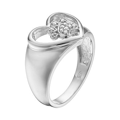 HSUS Cubic Zirconia Sterling Silver Paw Print & Heart Ring