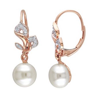 Stella Grace Freshwater Cultured Pearl & 1/10 Carat T.W. Diamond 10k Rose Gold Drop Earrings
