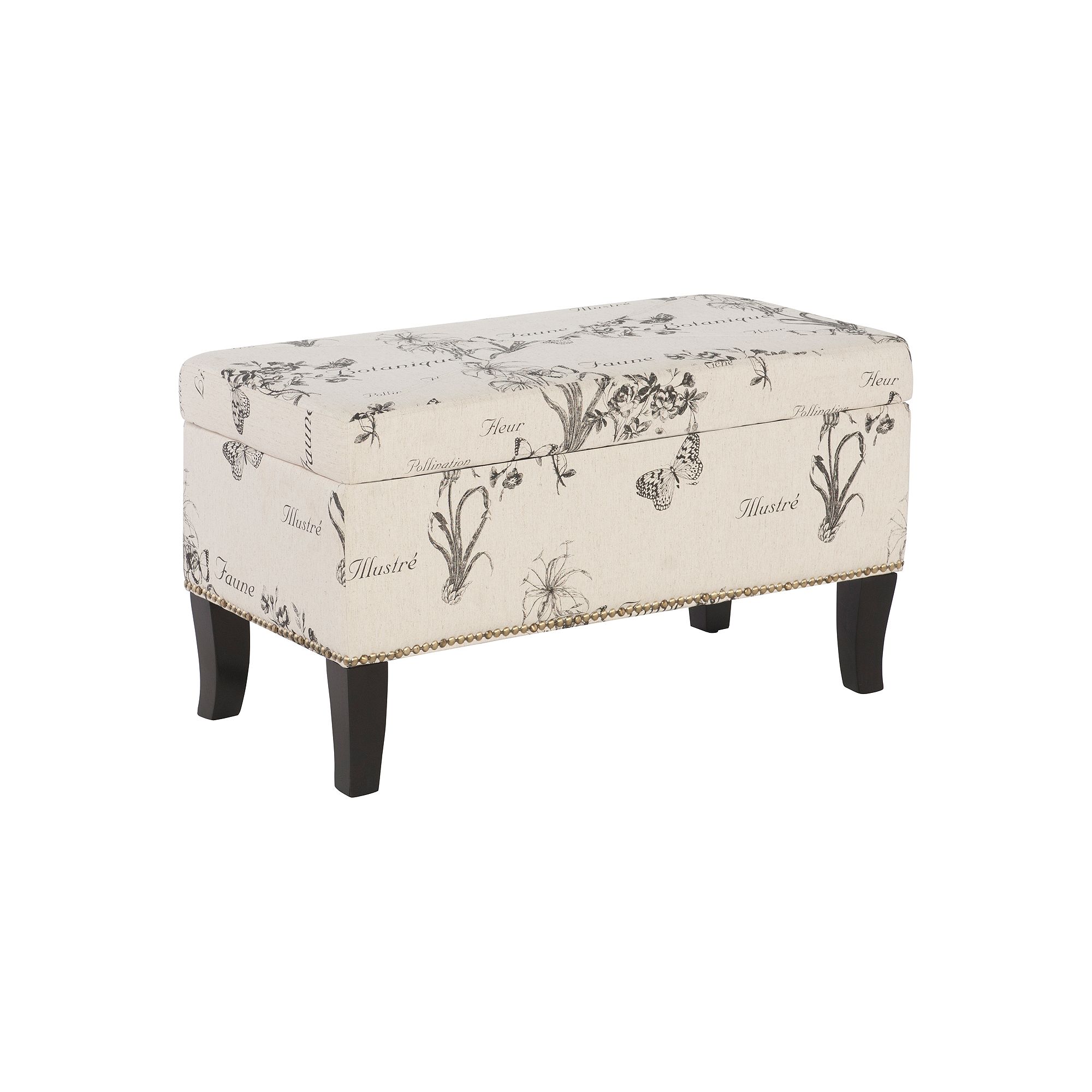 Linon Stephanie Botanical Print Storage Ottoman, Black