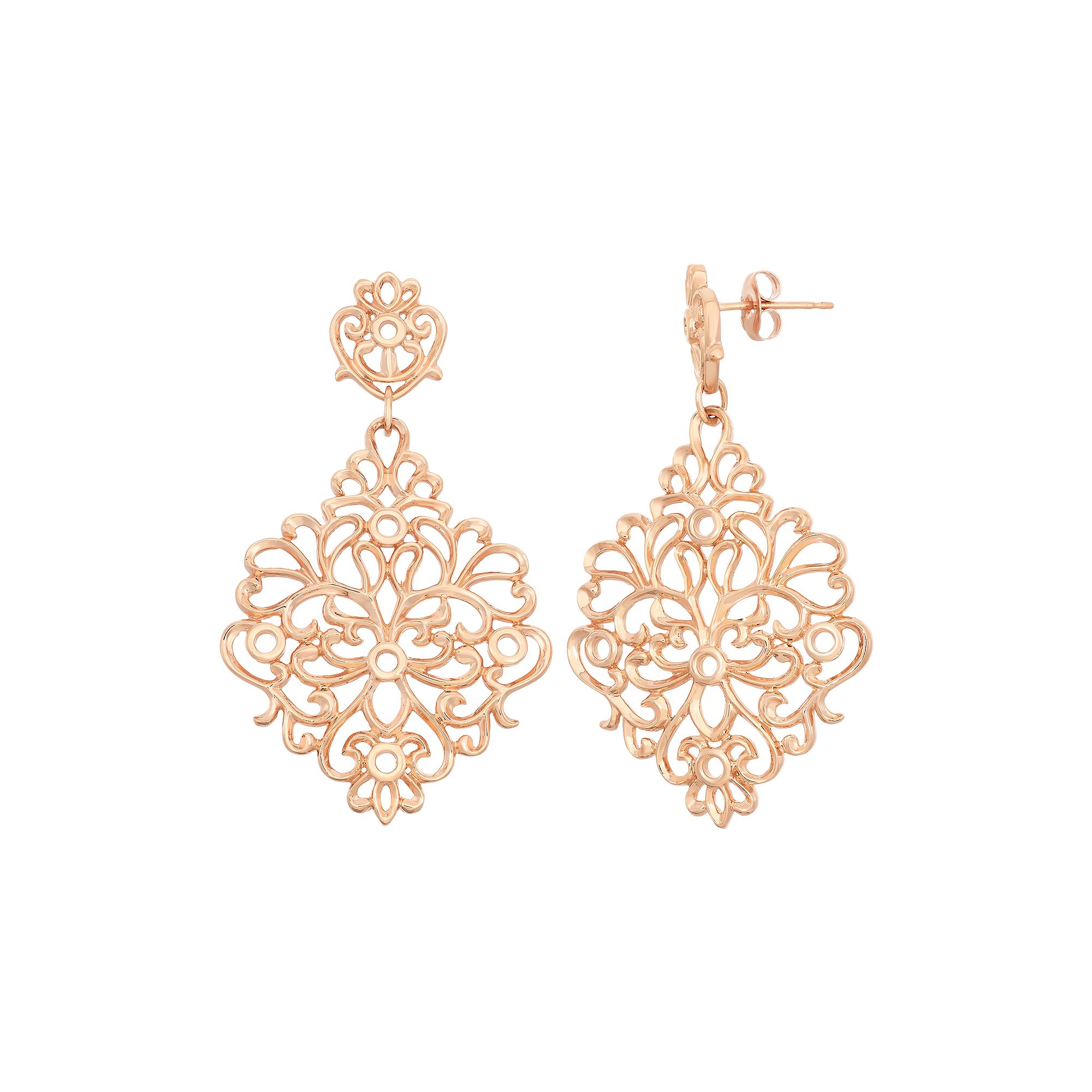 18k Rose Gold Over Silver Floral Filigree Drop Earrings, Womens, Pink Tone