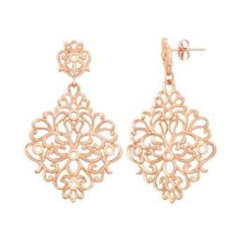 Classic Treasures 18k Rose Gold Over Silver Floral Filigree Drop Earrings