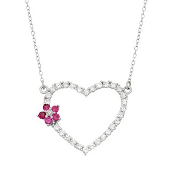 Classic Treasures Lab-Created White Sapphire & Lab-Created Ruby Sterling Silver Flower & Heart Necklace
