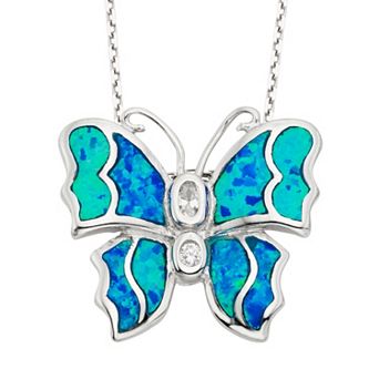 Lab-Created Blue Opal & Cubic Zirconia Sterling Silver Butterfly Pendant Necklace