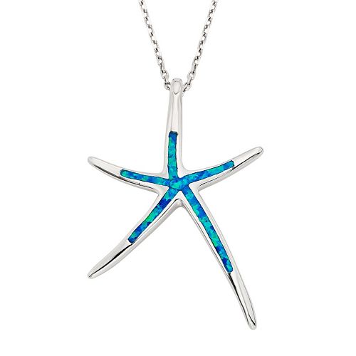 LabCreated Blue Opal Sterling Silver Starfish Pendant Necklace