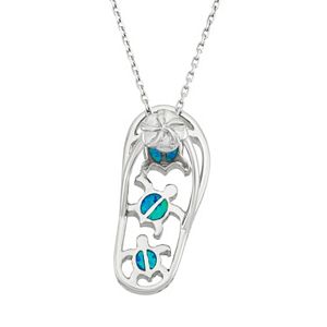 Sterling Silver Created Blue Inlay Opal Sandal Pendant 1.06 in x 0.31 in