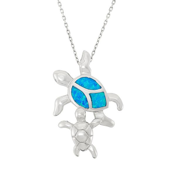 Lab-Created Blue Opal Sterling Silver Turtle Pendant Necklace