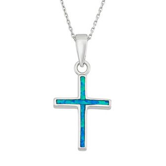 Lab-Created Blue Opal Sterling Silver Cross Pendant Necklace