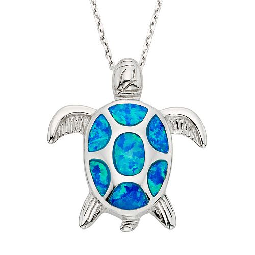 Lab-Created Blue Opal Sterling Silver Turtle Pendant Necklace