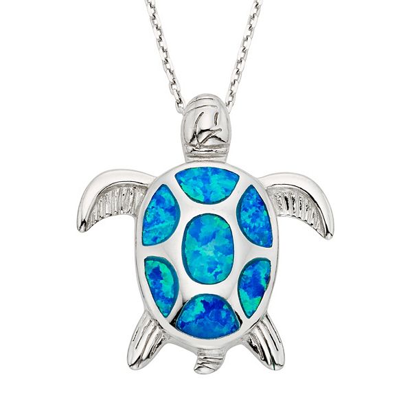 Silver Created Blue Opal Sea Turtle Pendant Keychain, Birthstone