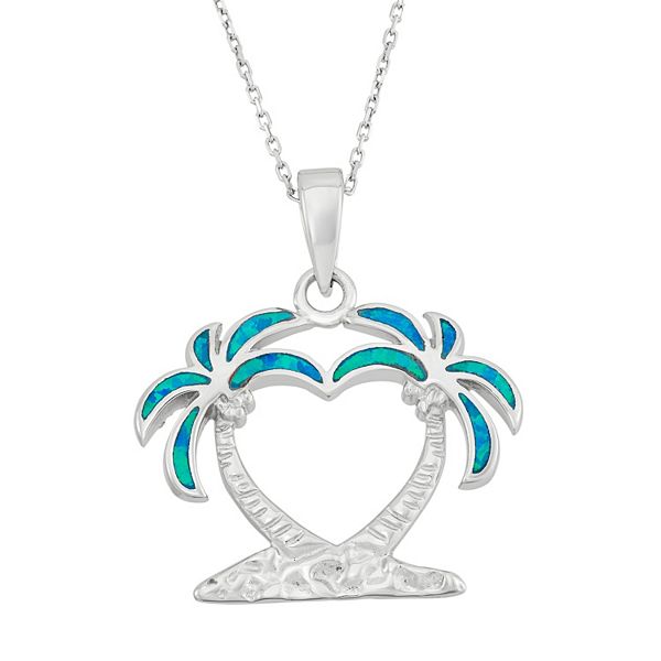 Lab-Created Blue Opal Sterling Silver Heart & Palm Tree Pendant Necklace