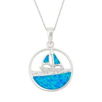 Nautica Rocks Lab-Created Blue Opal Sterling Silver Sailboat Pendant Necklace
