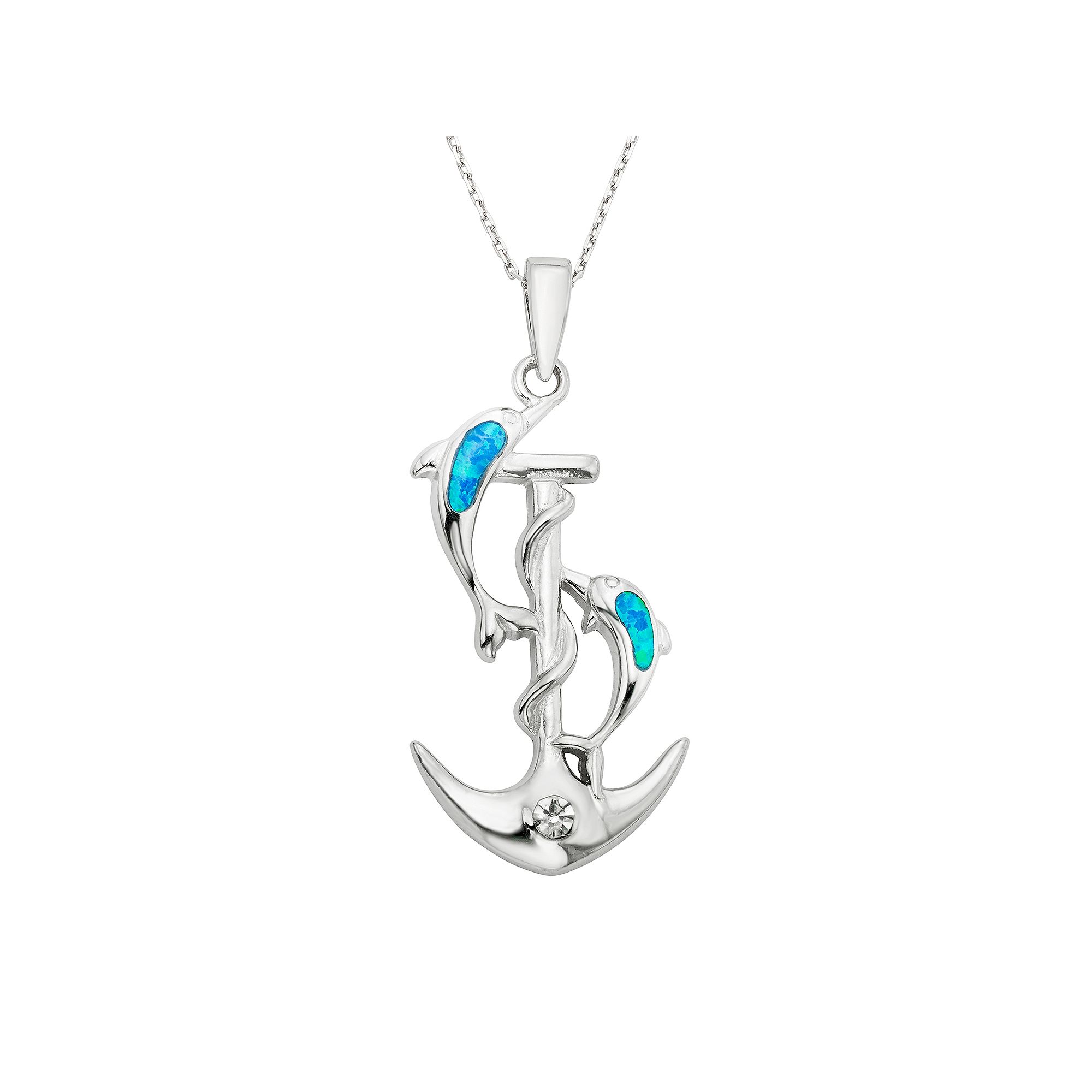 Lab-Created Blue Opal & Cubic Zirconia Sterling Silver Dolphin & Anchor Pe