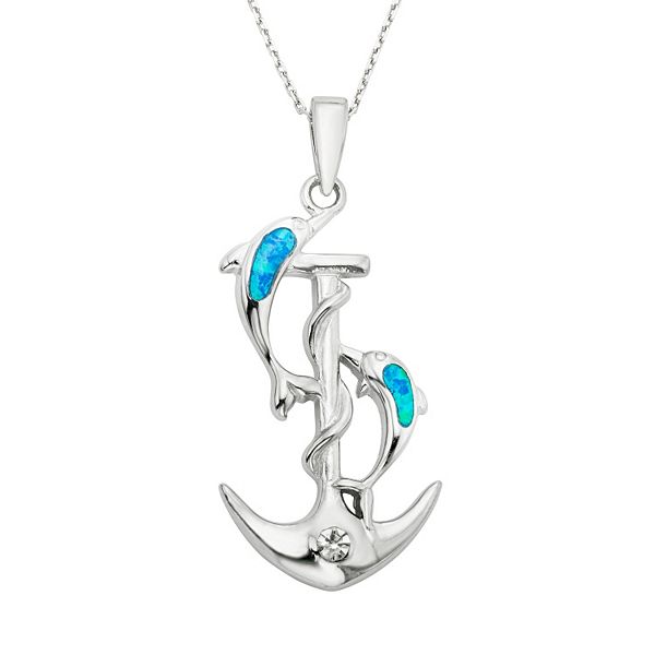 Lab-Created Blue Opal & Cubic Zirconia Sterling Silver Dolphin & Anchor  Pendant Necklace