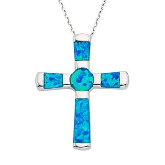 Lab-Created Blue Opal Sterling Silver Cross Pendant Necklace