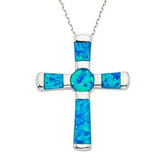 Nautica Rocks Lab-Created Blue Opal Sterling Silver Cross Pendant Necklace