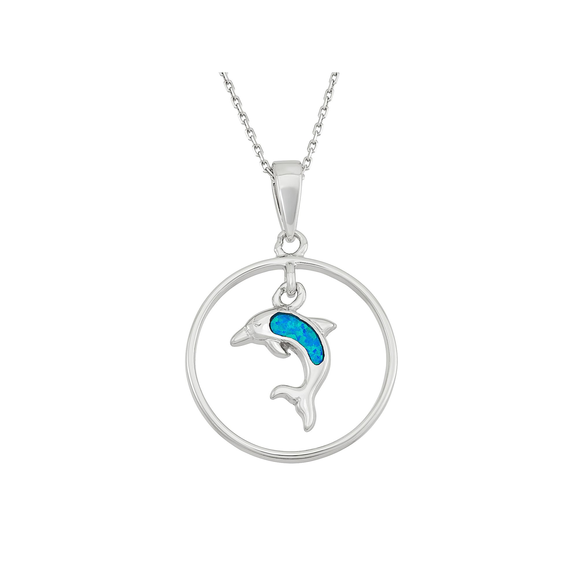 Lab-Created Blue Opal Sterling Silver Dolphin Circle Pendant Necklace, Wom
