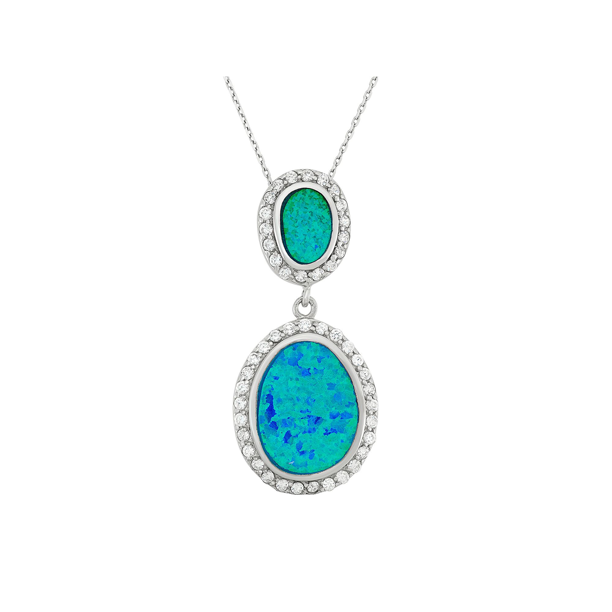 Lab-Created Blue Opal & Cubic Zirconia Sterling Silver Oval Pendant Neckla