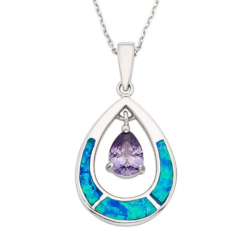 LabCreated Blue Opal & Cubic Zirconia Sterling Silver Teardrop Pendant Necklace