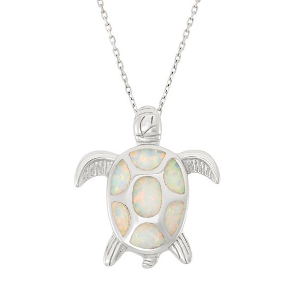 Lab-Created Opal Sterling Silver Turtle Pendant Necklace