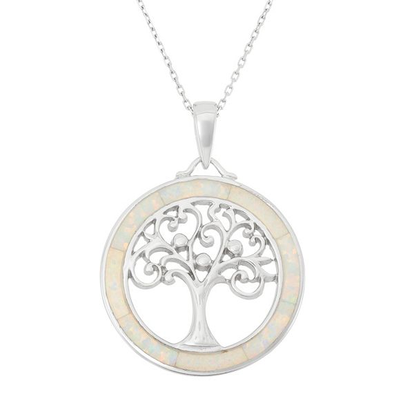 Lab Created Opal Sterling Silver Tree of Life Pendant Necklace