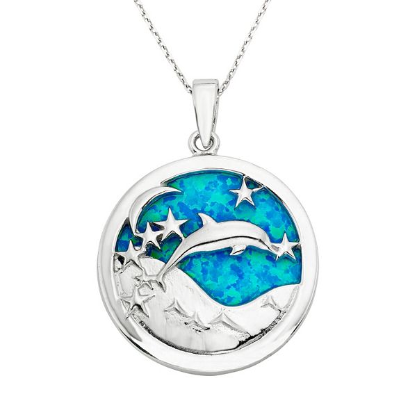 Lab-Created Blue Opal Sterling Silver Dolphin Pendant Necklace