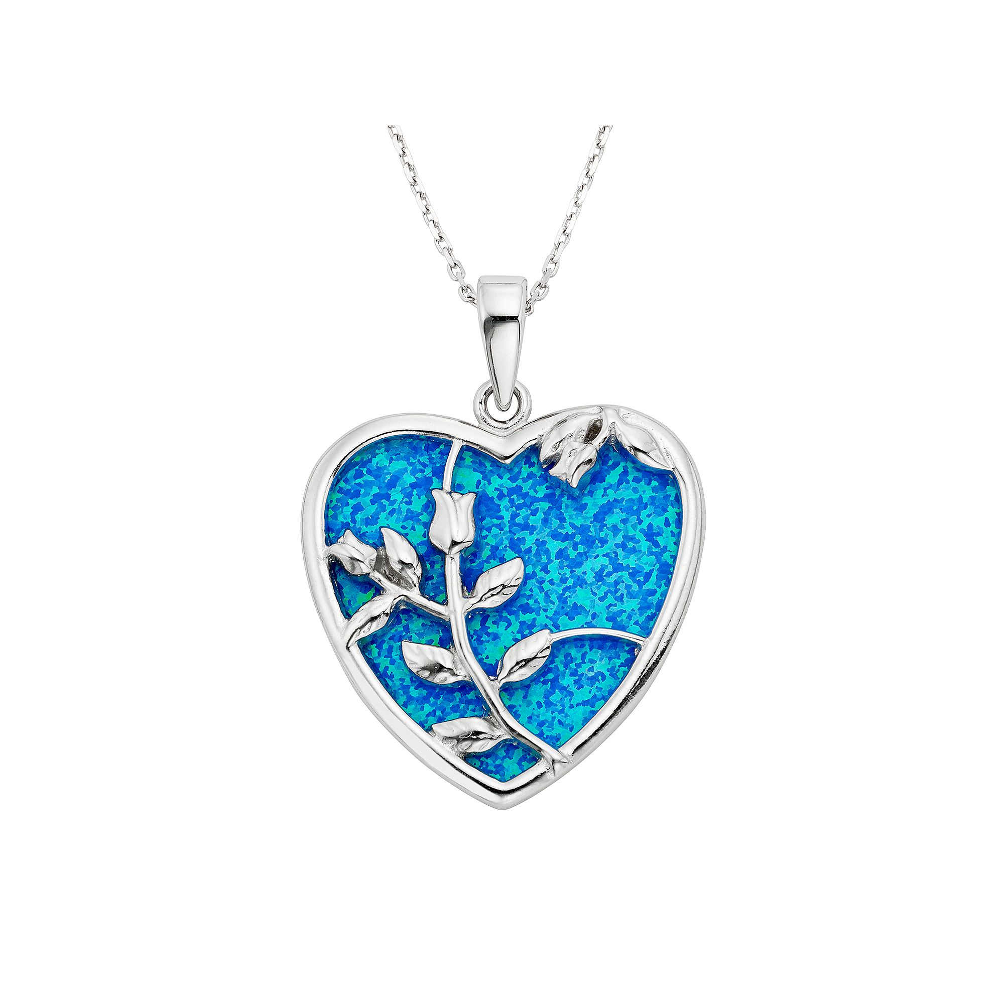 Lab-Created Blue Opal Sterling Silver Flower & Heart Pendant Necklace, Wom