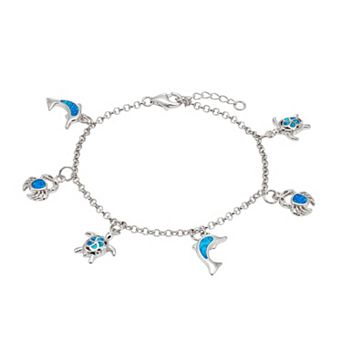 Lab-Created Blue Opal Sterling Silver Turtle, Dolphin & Crab Charm Bracelet