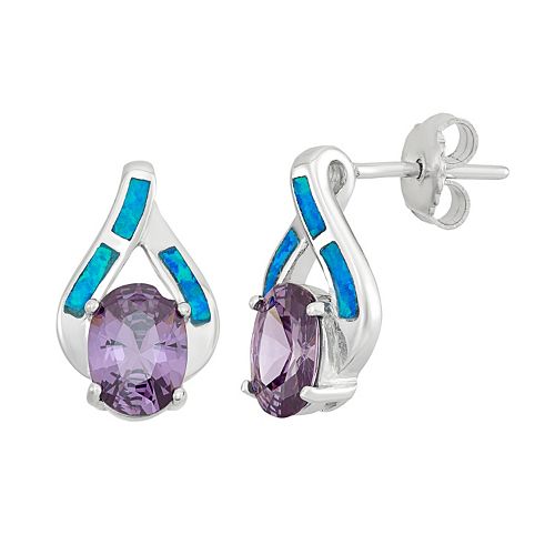 Cubic Zirconia & Lab-Created Blue Opal Sterling Silver Stud Earrings