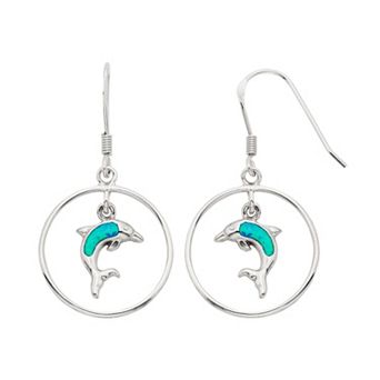Nautica Rocks Lab-Created Blue Opal Sterling Silver Dolphin Hoop Drop Earrings