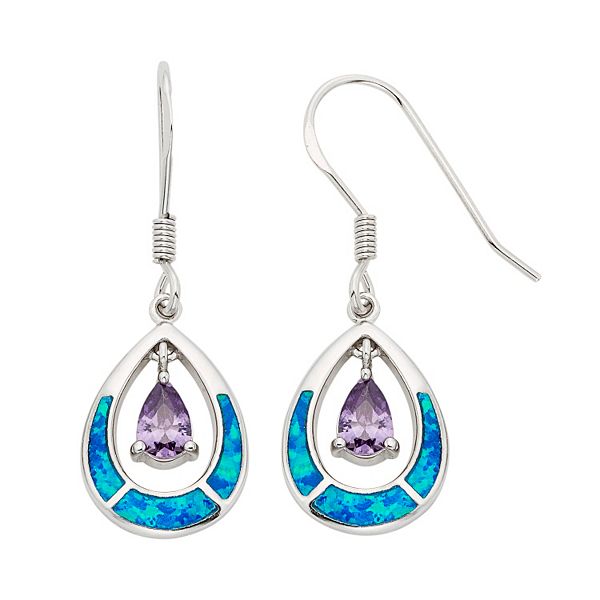 Lab-Created Blue Opal & Cubic Zirconia Sterling Silver Teardrop Earrings